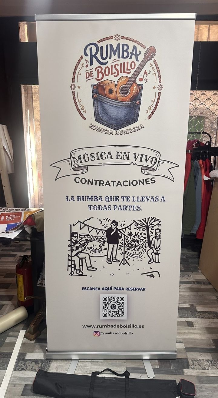 Roll-up de Rumba de Bolsillo con logotipo, ilustración y código QR